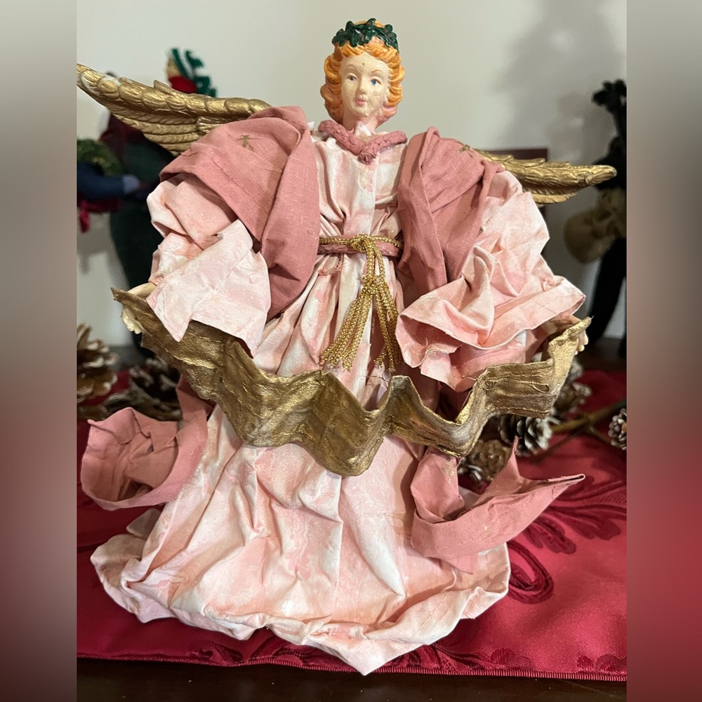 Vintage Fabric Mache Pink and Gold Angel Figurine/ Treetopper